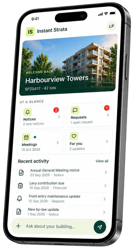Convoy owner app on a phone: Harbourview Towers home with notices, requests, meetings, and Ask about your building
