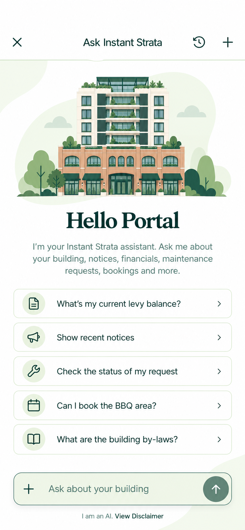 Ask Instant Strata welcome screen with suggested questions