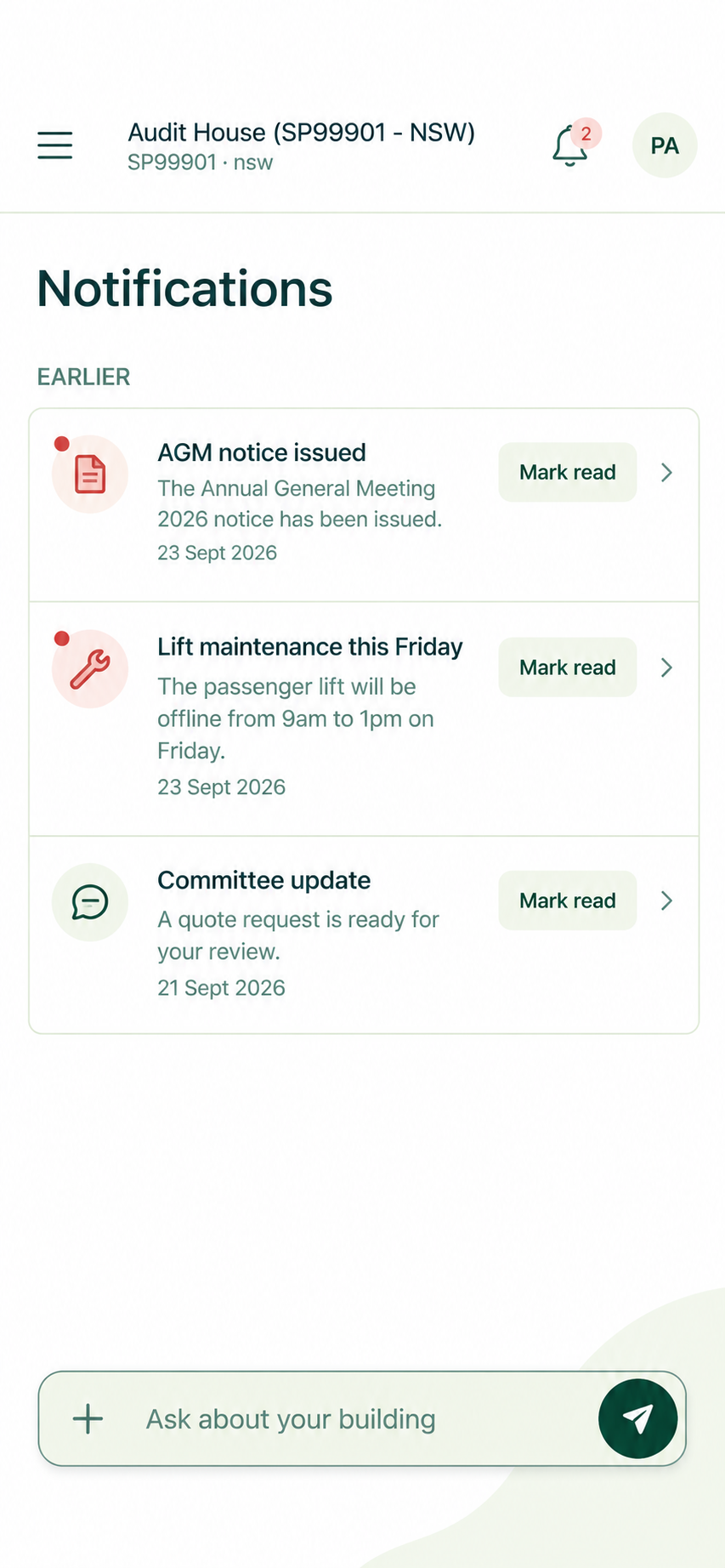 Notifications list in Convoy